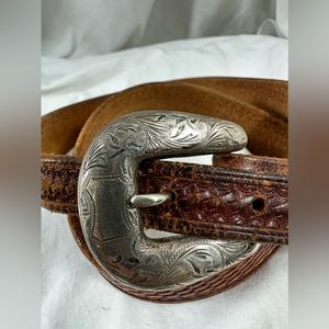 Vintage 3 piece sterling tan western SUNSET TRAILS sterling leather belt medium